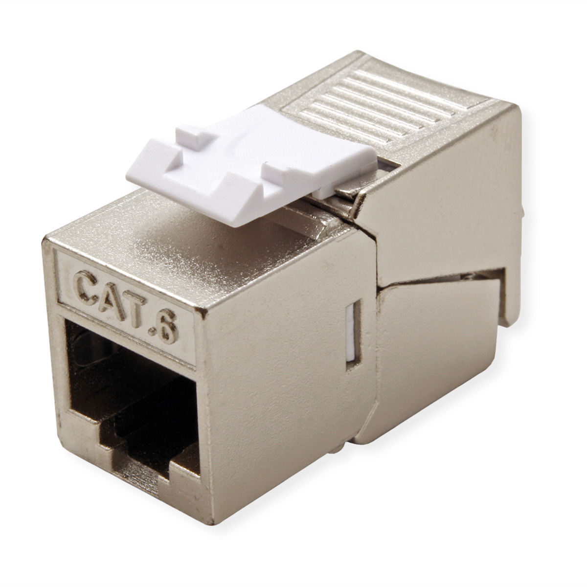 Connecteur réseau CAT6 argenté avec levier blanc.