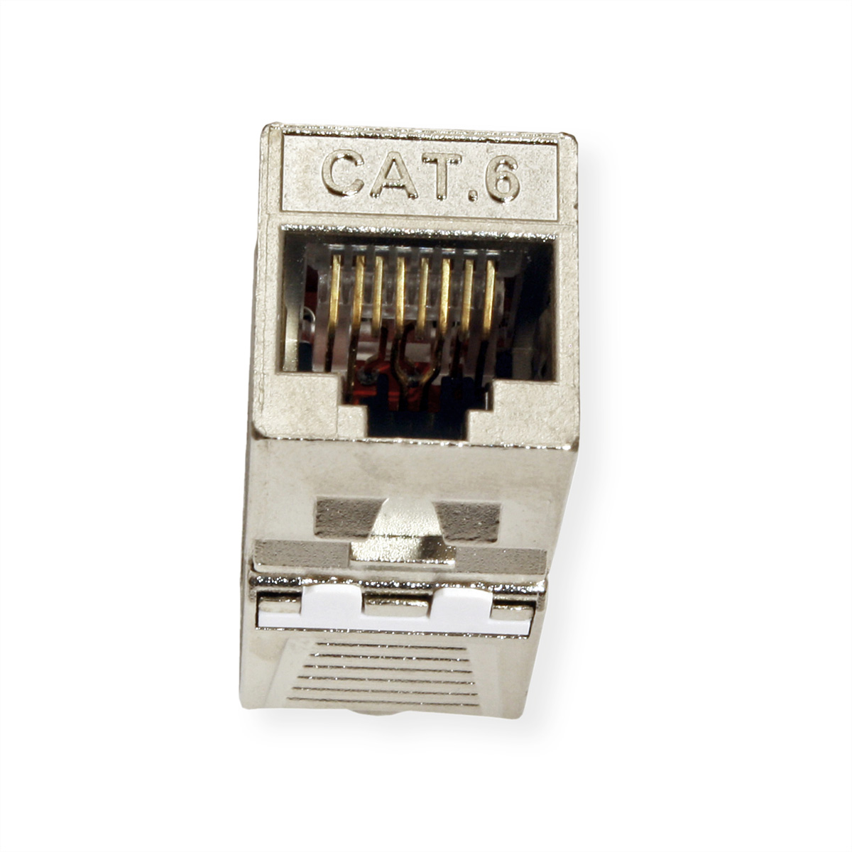 Un connecteur Ethernet CAT.6 argenté avec un petit levier.
