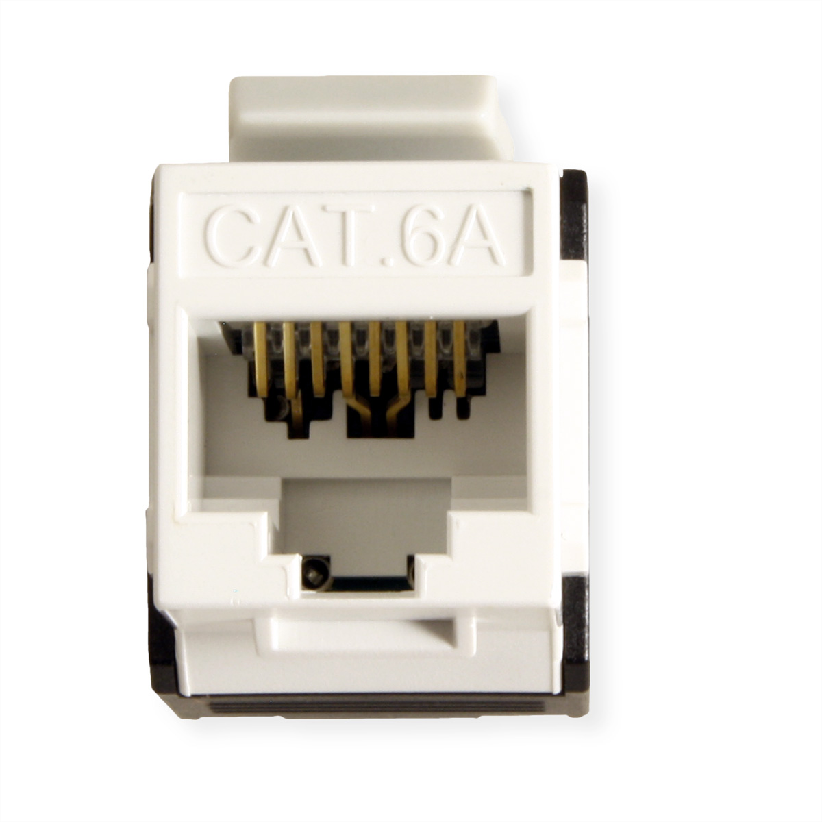 Connecteur réseau blanc avec texte 'CAT.6A'. Isolé sur fond blanc. Vue de face.