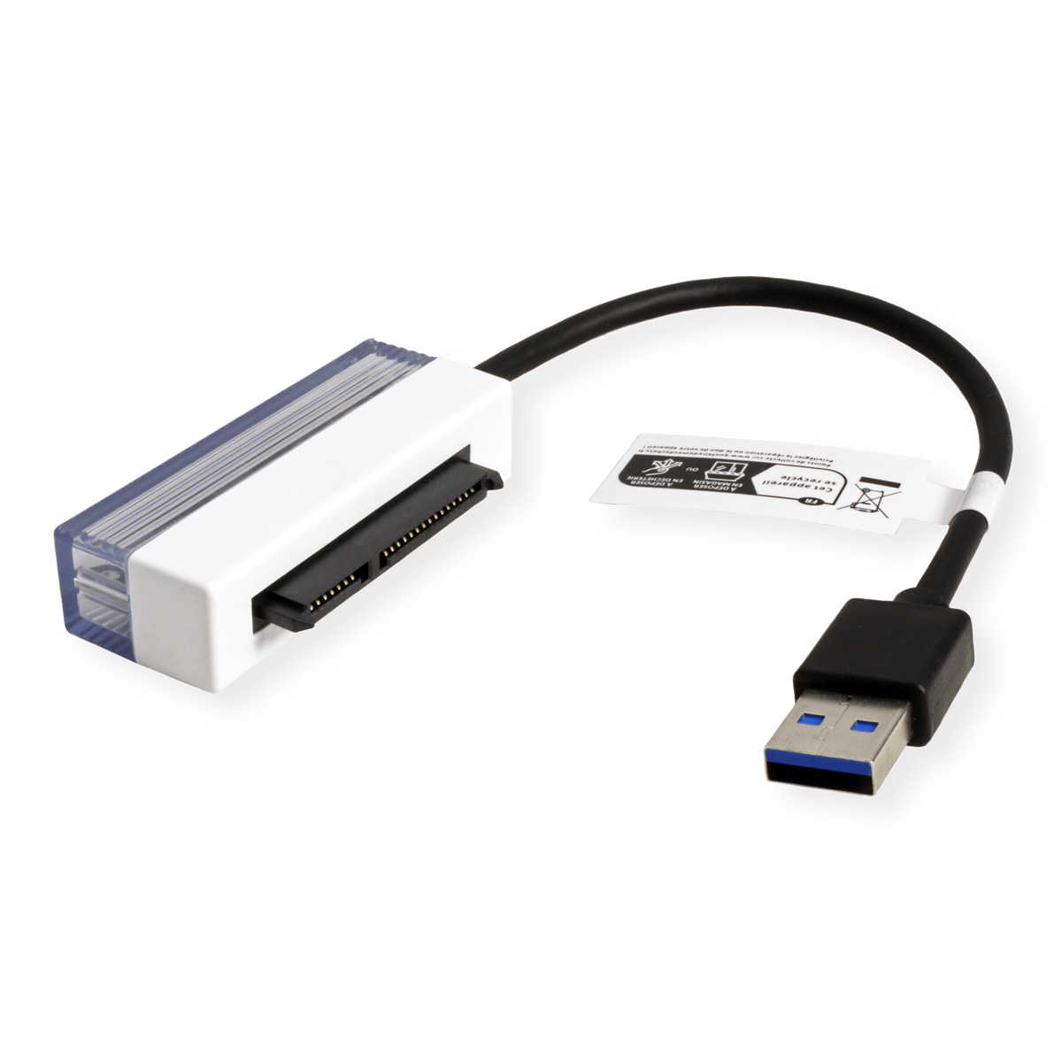 Un adaptateur blanc et transparent avec connecteur USB et SATA noir.