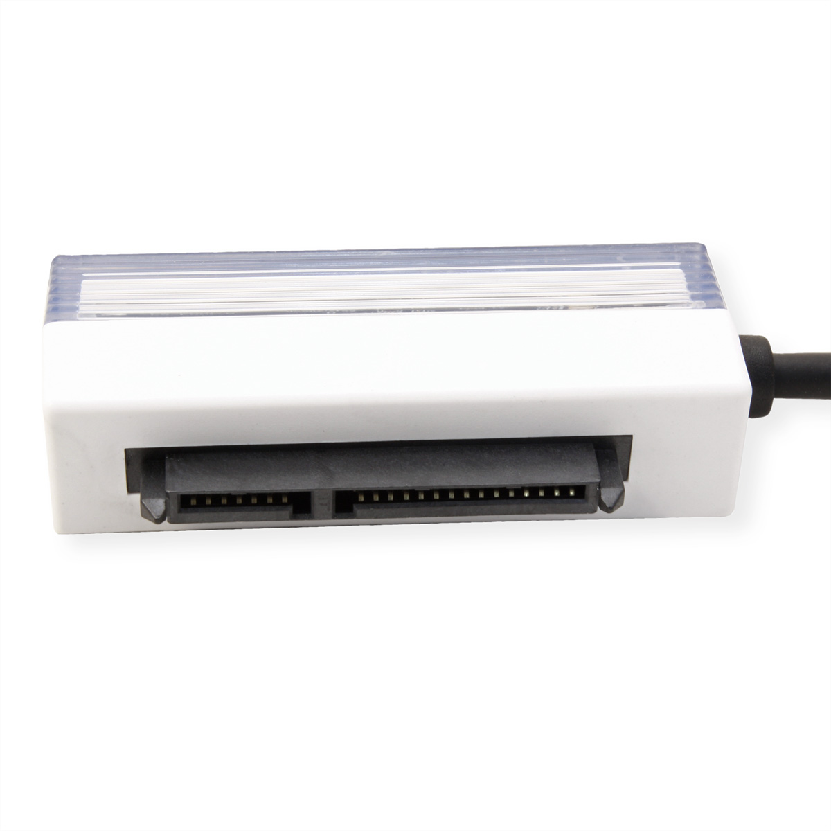 Appareil en plastique blanc avec ports noirs et câble noir. Il a un dessus transparent et strié.