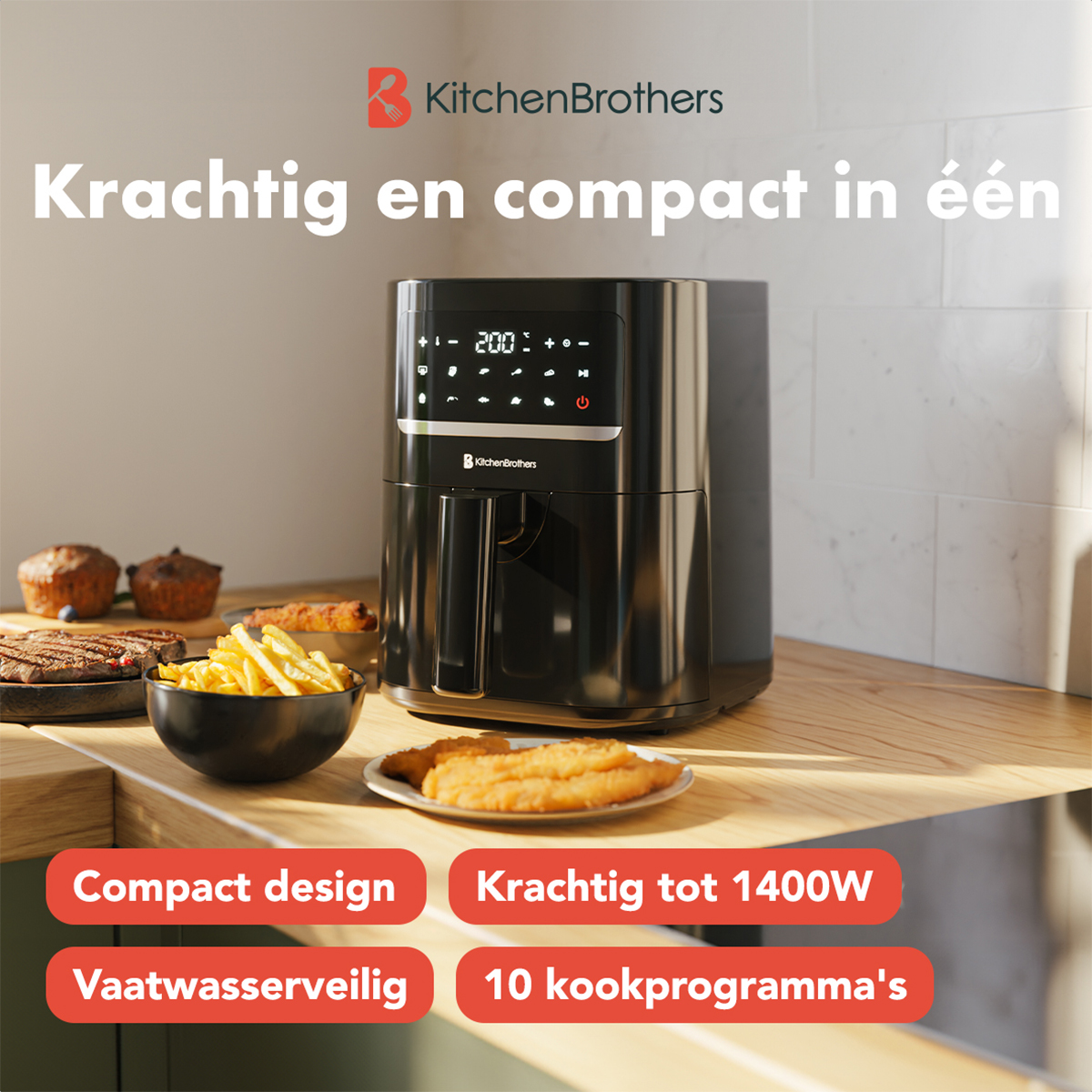 Black air fryer on a wooden surface with food nearby. Promotional text.