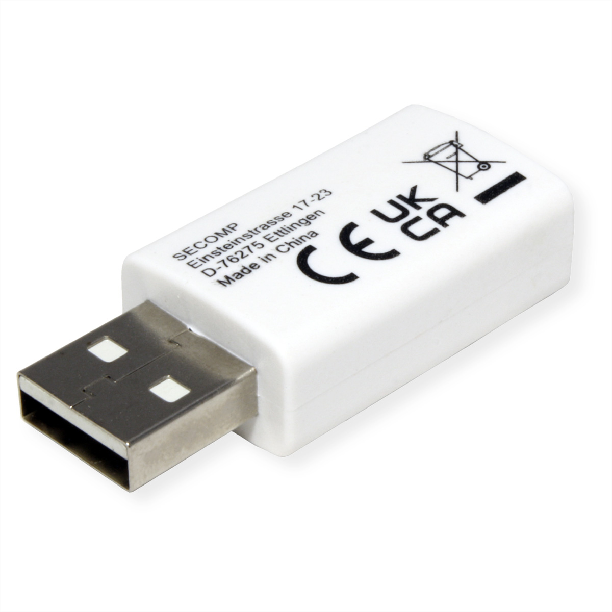 Adaptateur USB blanc avec marquage. Il est marqué CE, UKCA et autres symboles.
