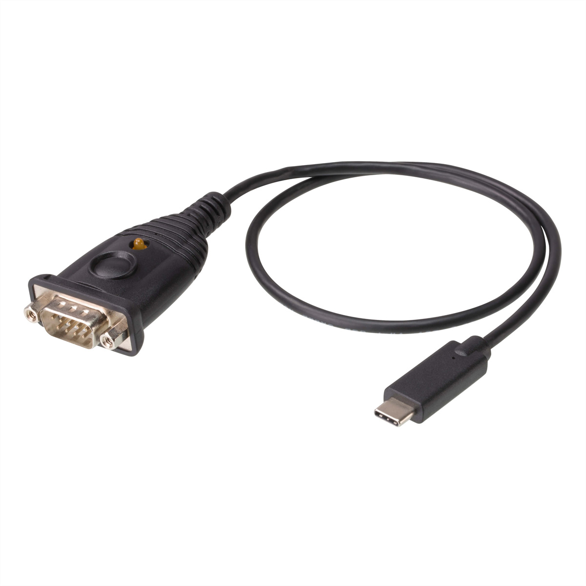 Câble adaptateur noir avec un connecteur DB9 à une extrémité et un connecteur USB-C à l'autre.
