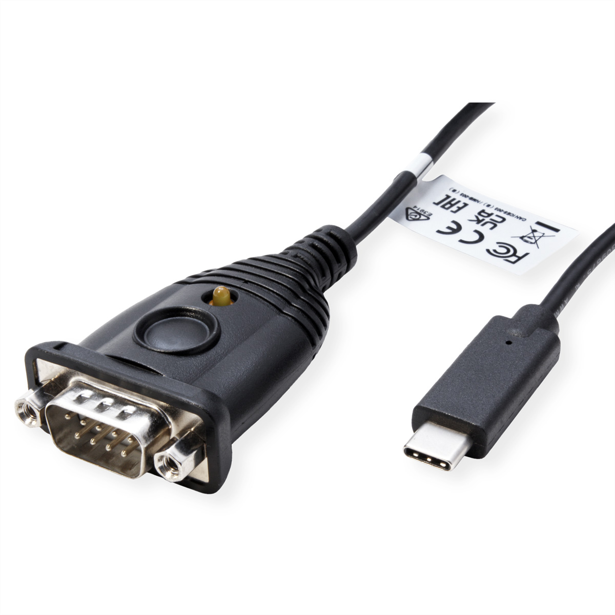 Câble noir avec un connecteur DB9 et un connecteur USB-C. Fond blanc.