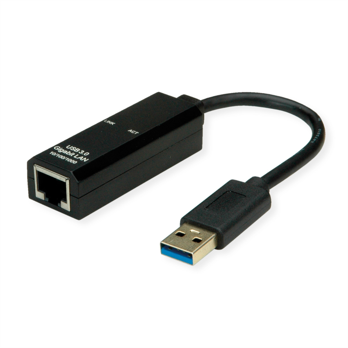 Adaptateur LAN Gigabit USB 3.0 noir avec connecteur USB et câble noir. Fond blanc.