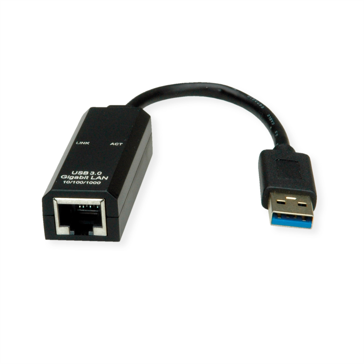 Un adaptateur USB vers Ethernet noir avec un connecteur RJ45.