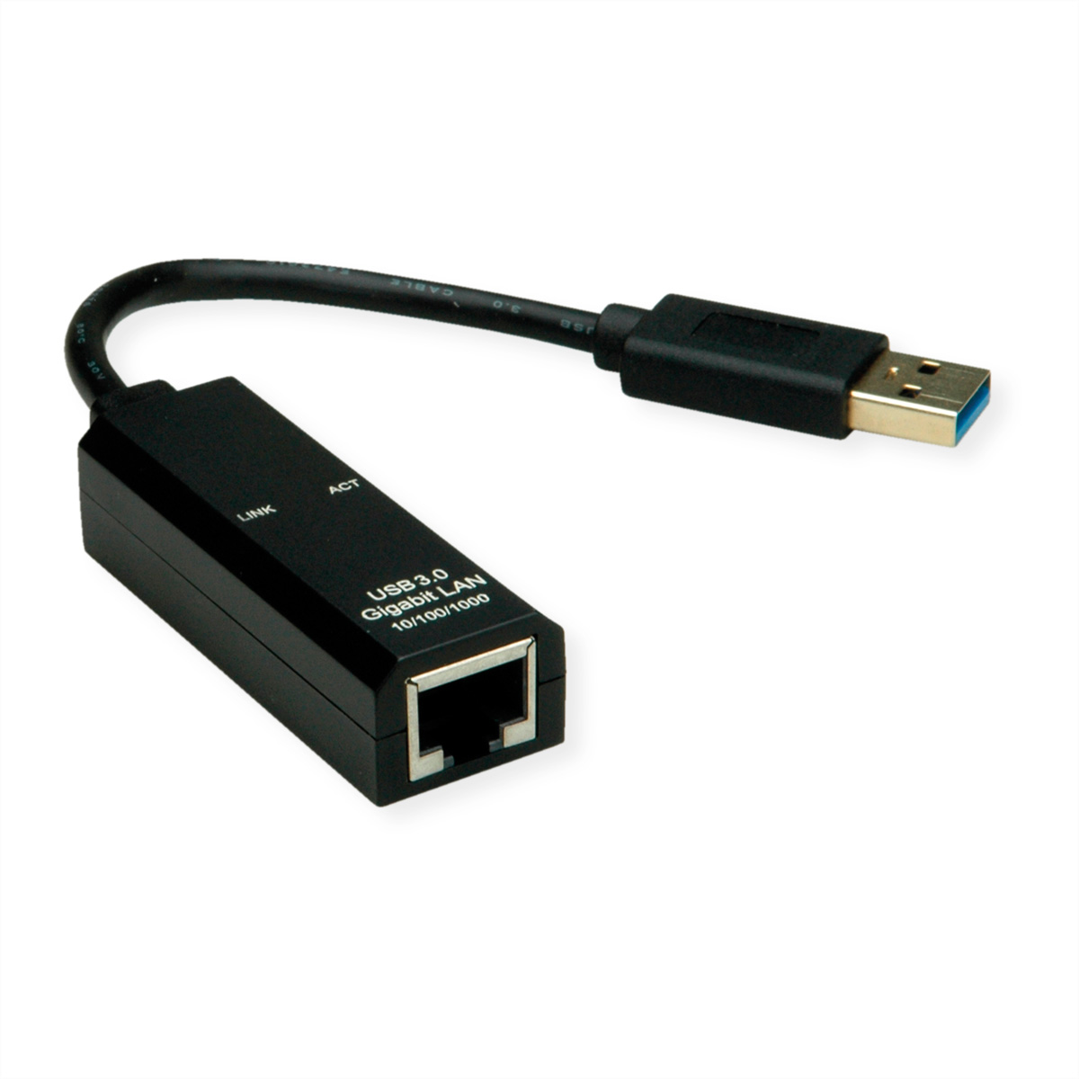 Un câble adaptateur LAN Gigabit USB 3.0 noir avec un connecteur USB-A et un RJ45.