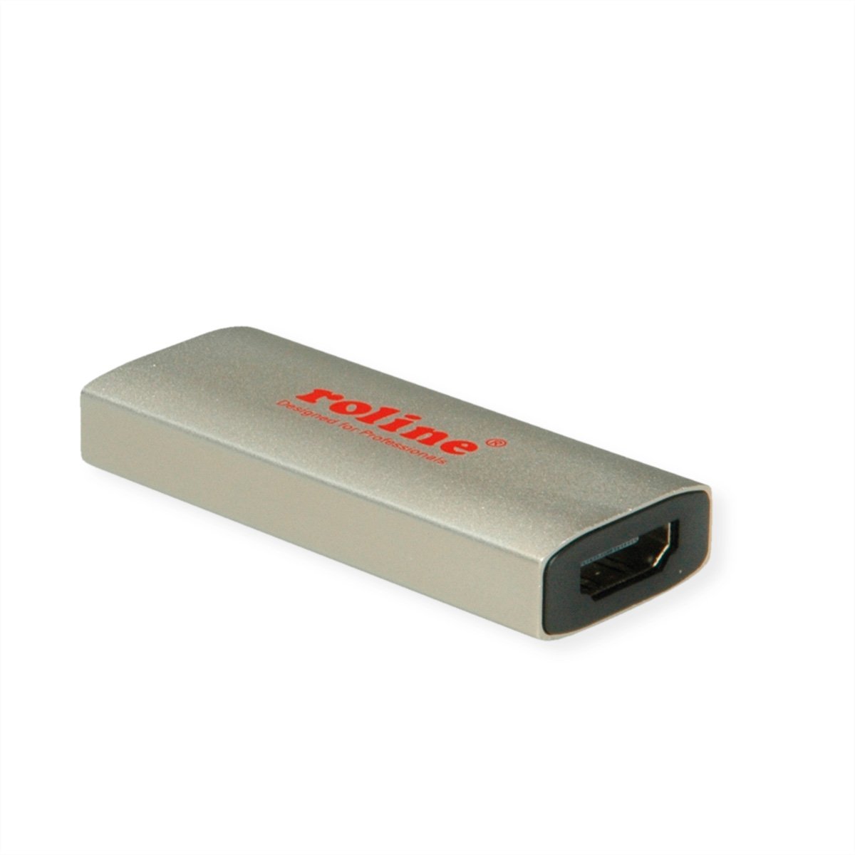 Adaptateur HDMI Roline argenté avec texte rouge sur le dessus, légèrement incliné vers la droite sur fond blanc.