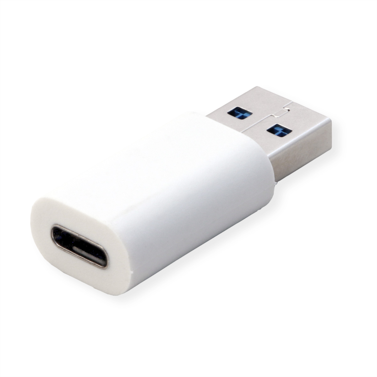 Adaptateur USB-C blanc avec connecteur USB-A, sur fond blanc.