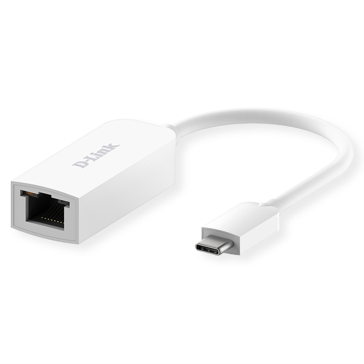 Adaptador D-Link USB-C a Ethernet blanco, fondo blanco.