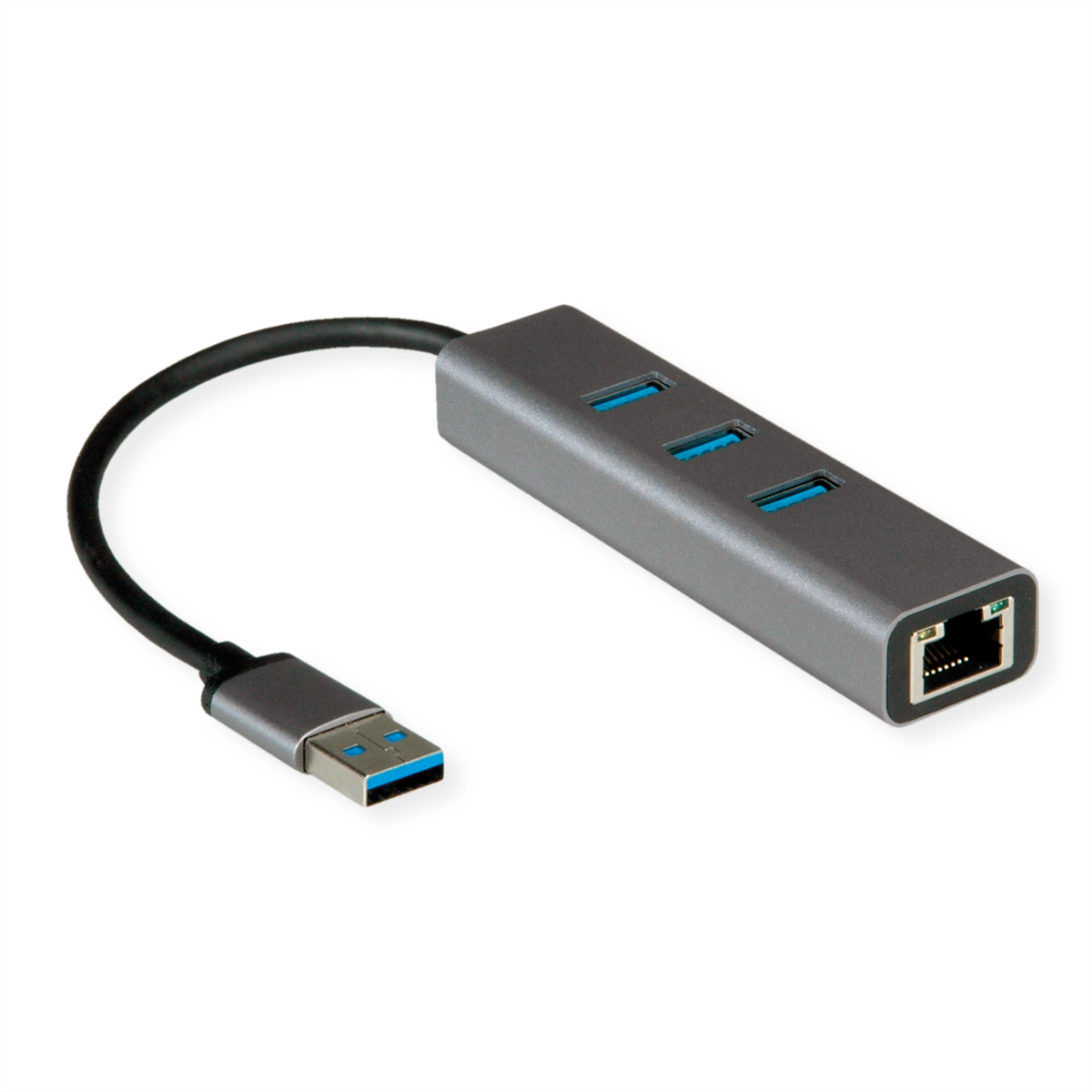 Hub USB gris avec trois ports USB et un port Ethernet.