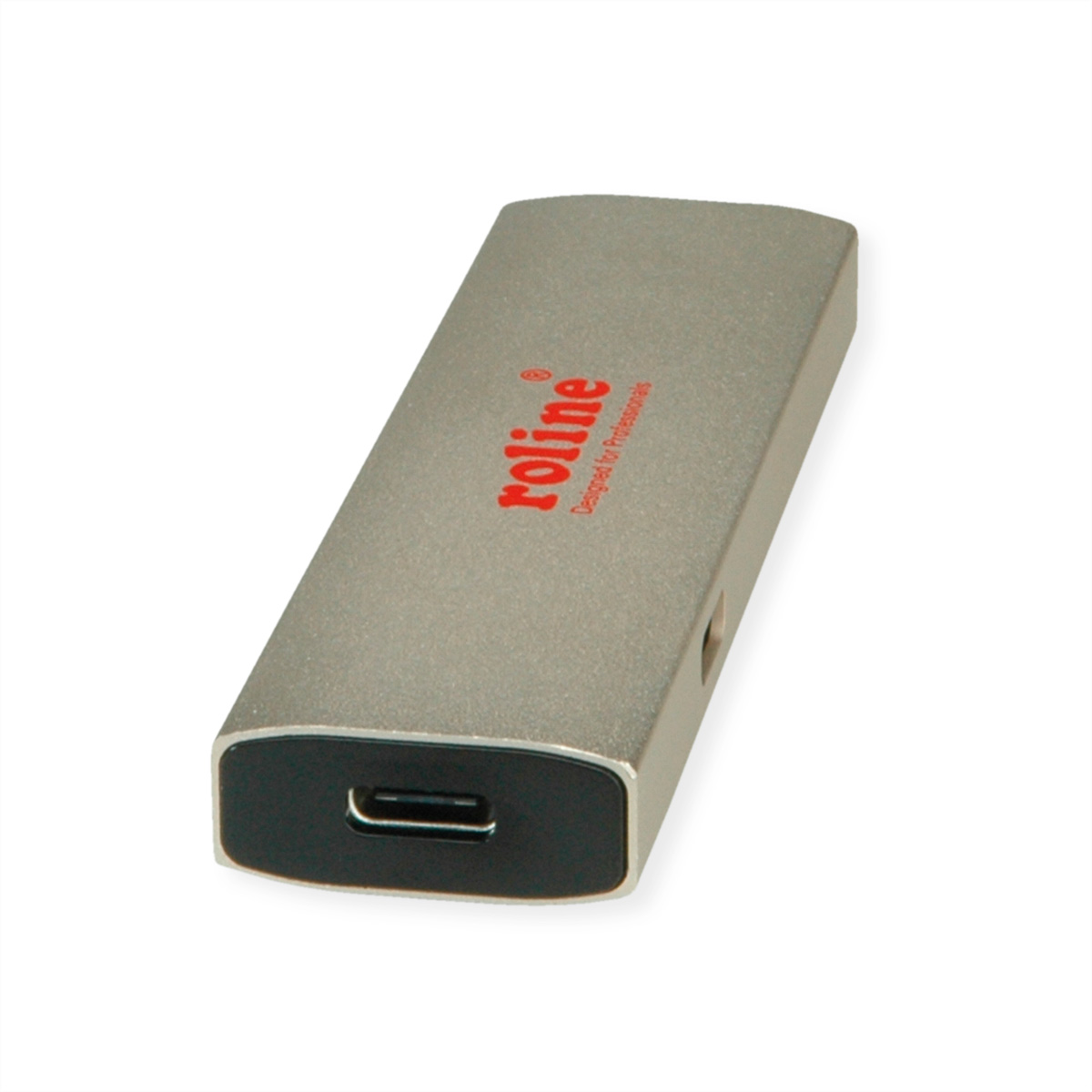 Adaptateur USB-C Roline argenté. Le logo Roline est rouge. L'adaptateur est sur fond blanc.