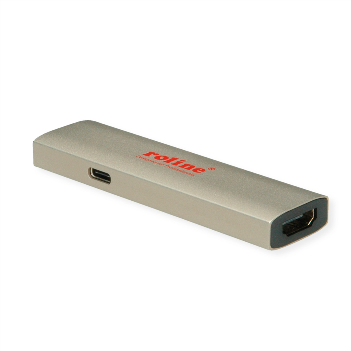 Un adaptateur HDMI Roline argenté avec un port HDMI et un petit port, sur fond blanc.