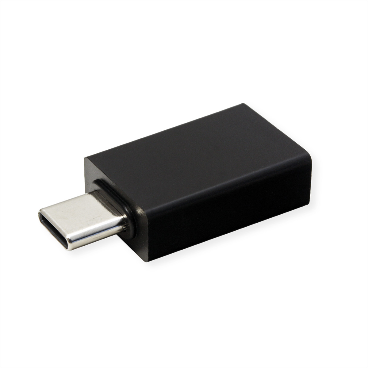 Adaptateur USB-C noir. Petit, rectangulaire, avec un connecteur USB-C à une extrémité.