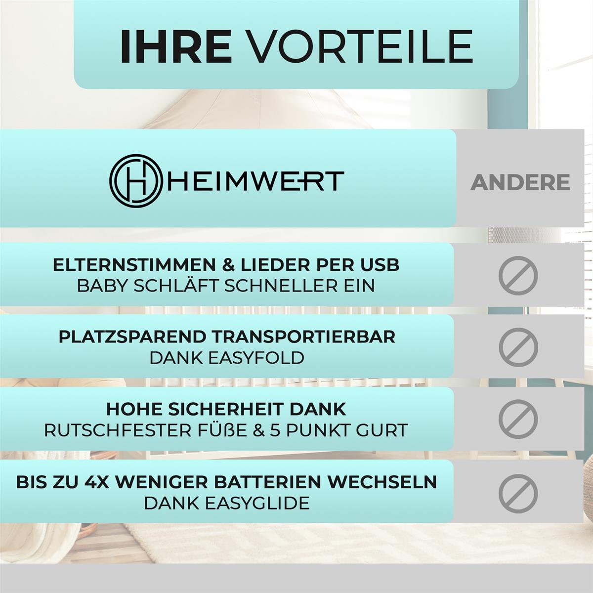 Werbung mit Text auf Deutsch, einschließlich Heimwert-Logo und Vorteile wie 'Baby schläft schneller' und 'Easyfold'.