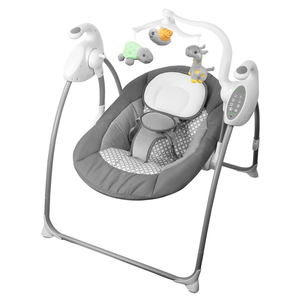 Eine graue Babyschaukel mit Spielzeug darüber. Sie ist leer, mit einem grau-weiß gemusterten Sitz.