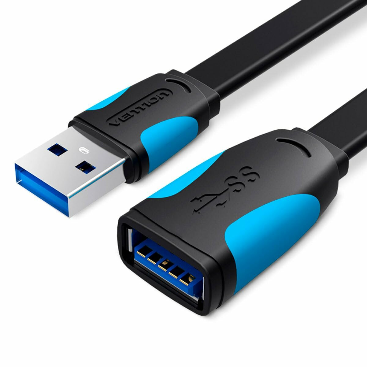 Een zwarte en blauwe USB 3.0-verlengkabel met USB-A-connectoren aan beide uiteinden.