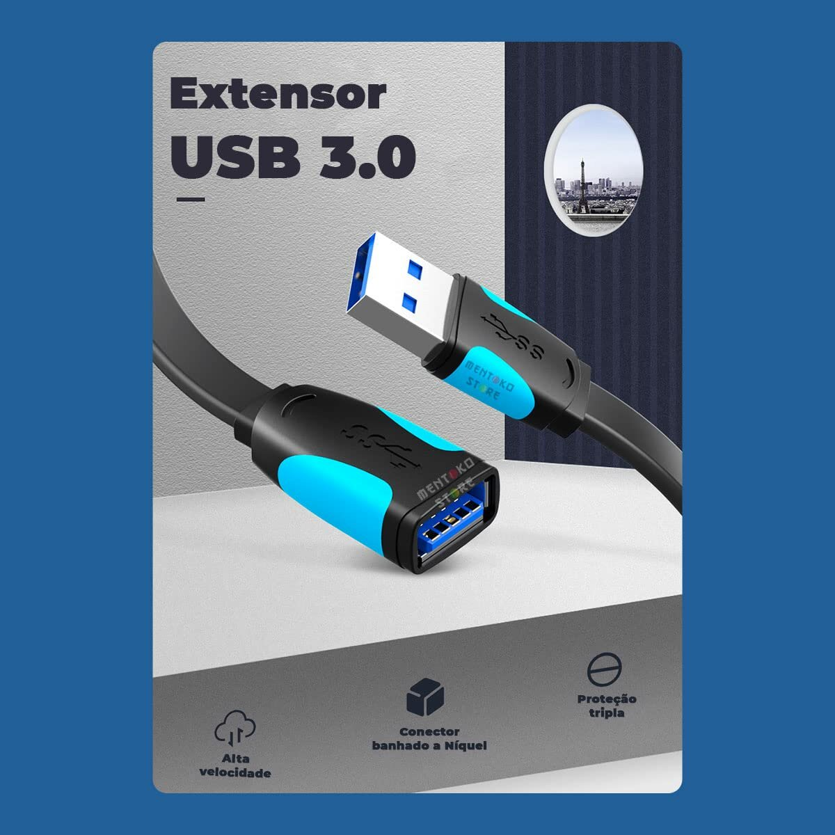 USB 3.0 Extensor-kabel met blauwe accenten. Zwarte kabel, connectoren en tekstlabels.
