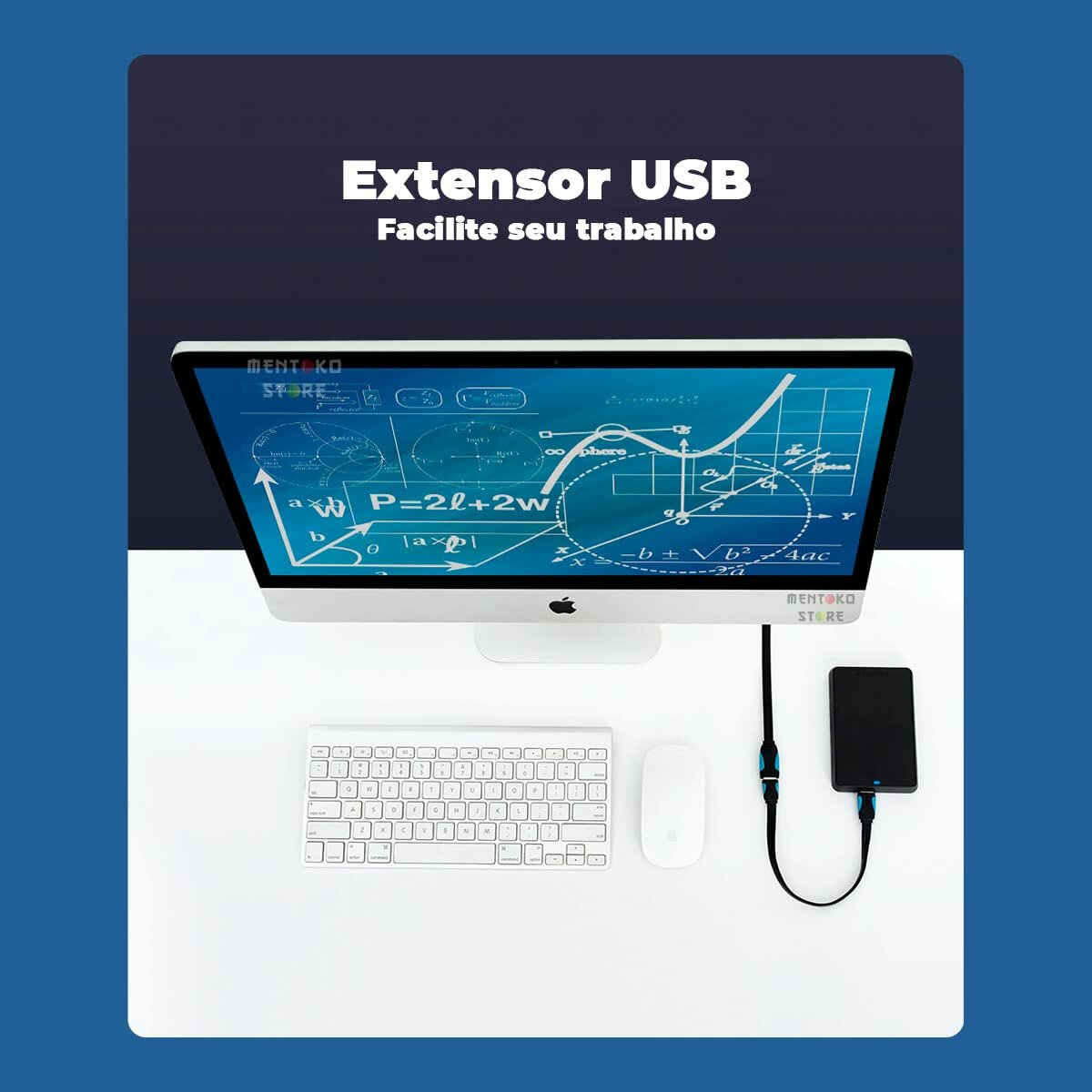 Een bureau met een monitor, toetsenbord, muis en een USB-hub. Tekst: 'Extensor USB facilite seu trabalho'.