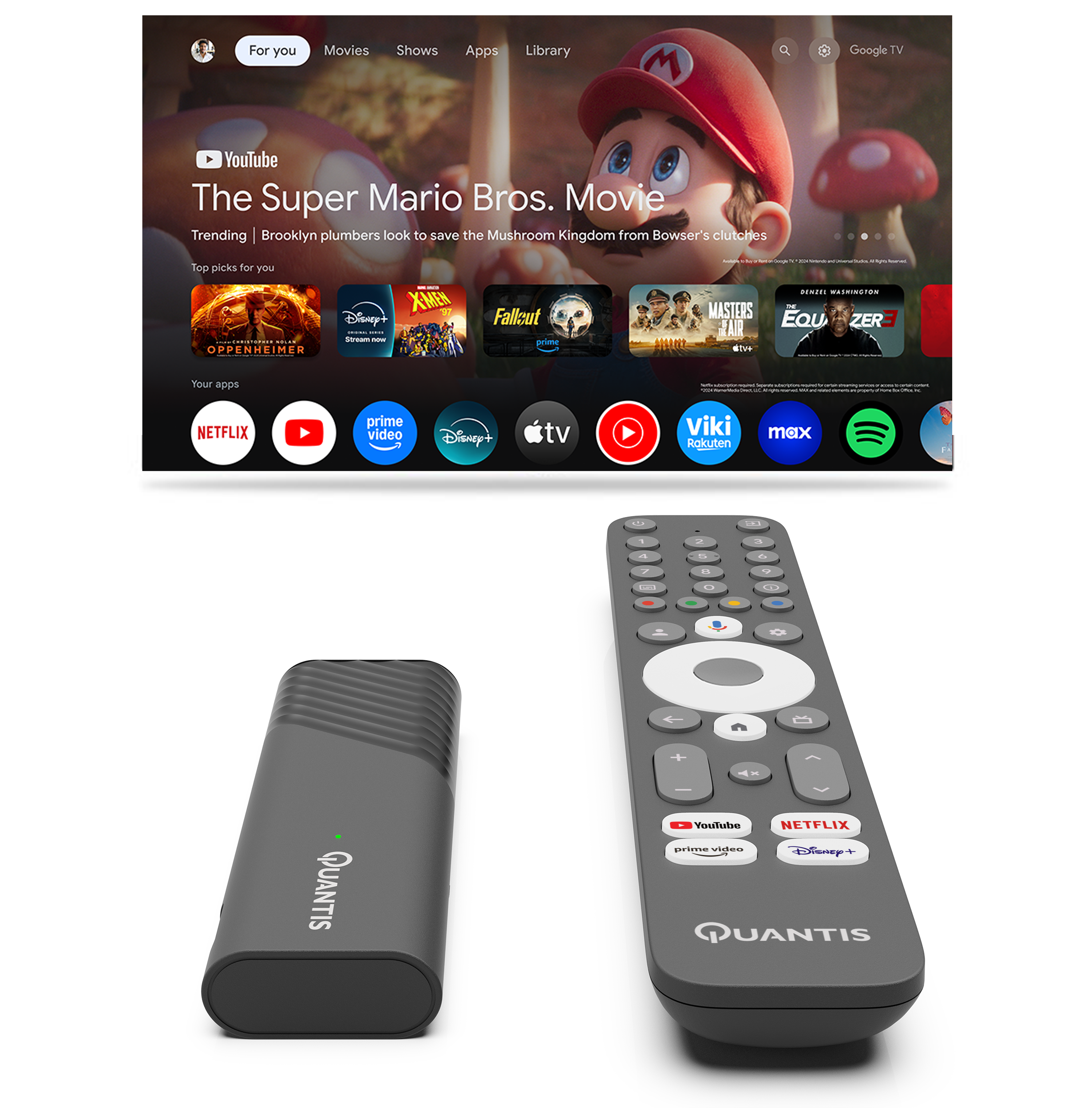 A Quantis streaming device and remote control, with a smart TV screen showing YouTube and other apps.