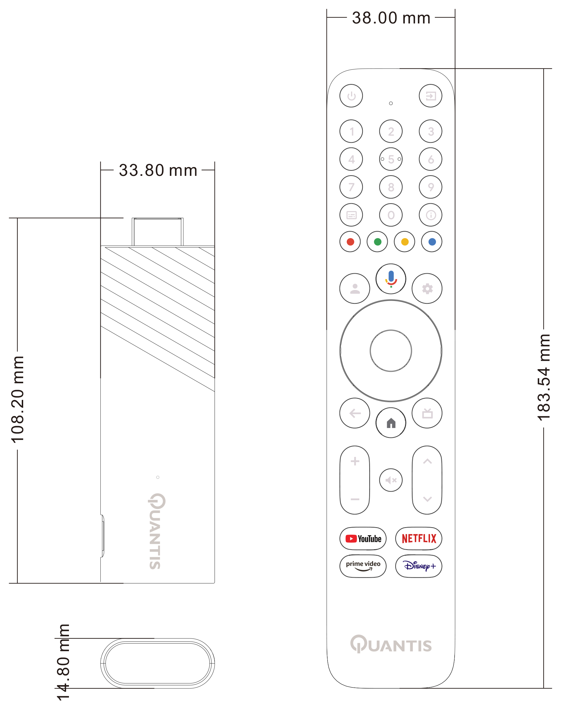 Diagram of a remote control with dimension measurements in mm. With buttons and a Quantis logo.