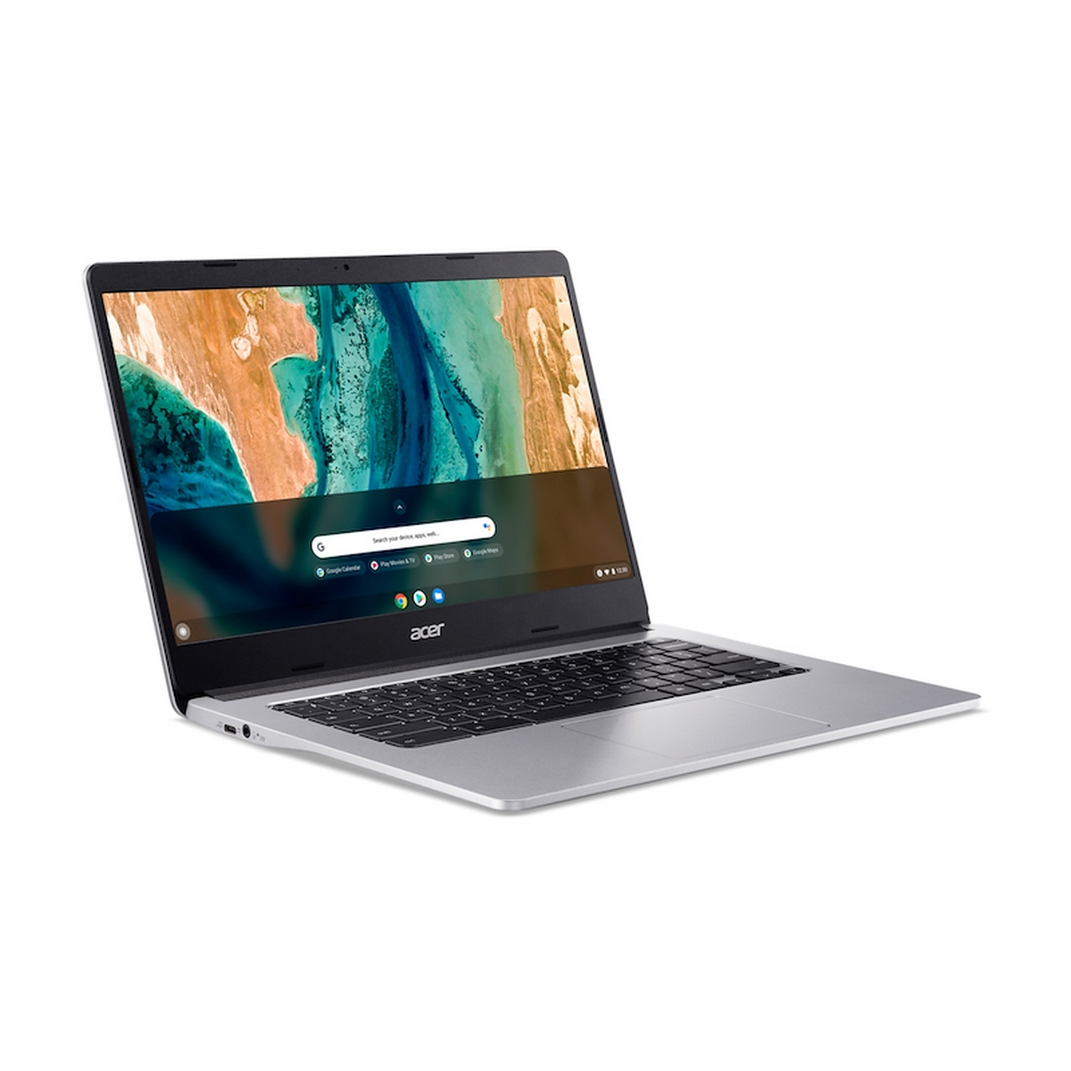 Laptop Acer Chromebook argentato, aperto, che mostra lo schermo e la tastiera.