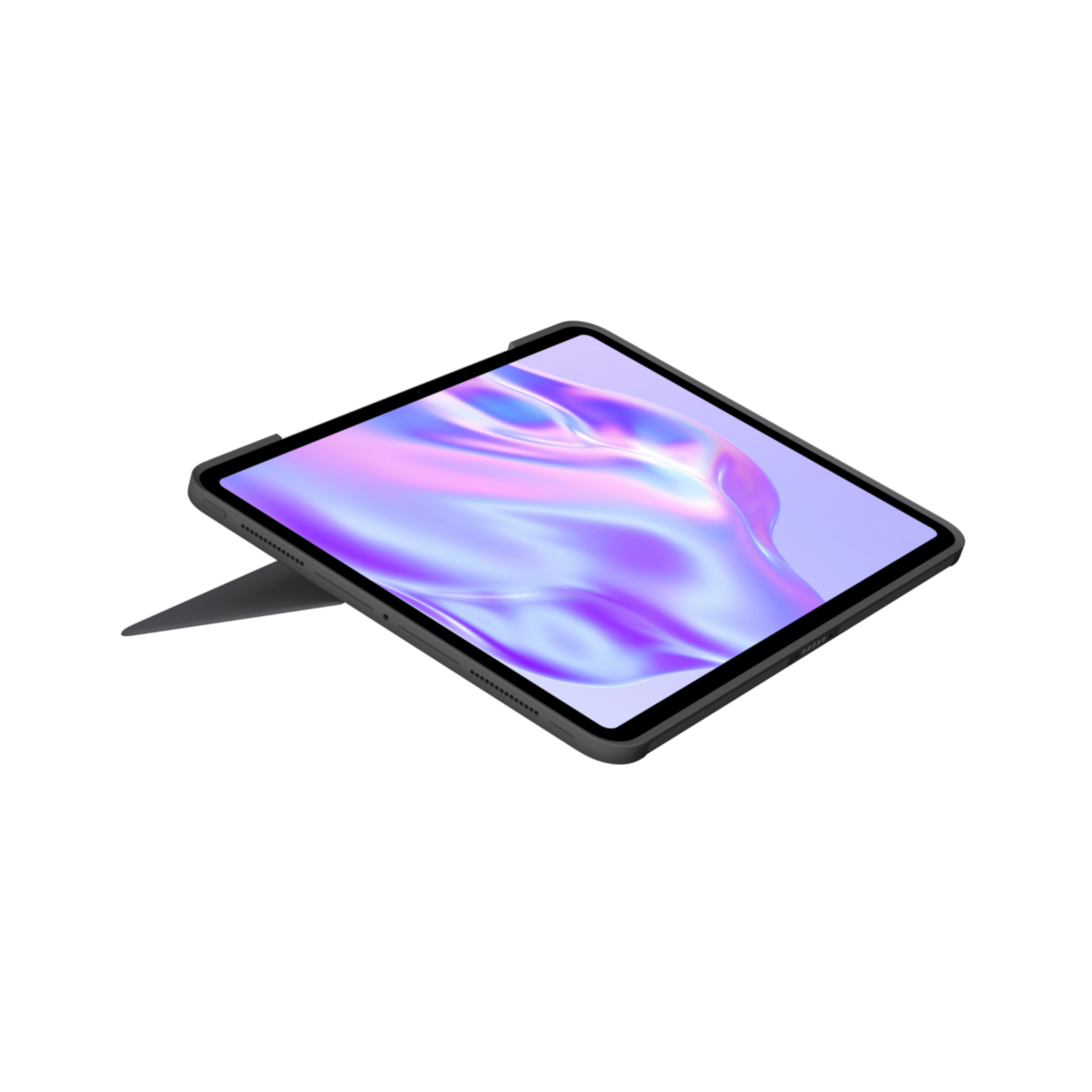 Tablet w czarnym etui, podparty pod kątem. Białe tło.