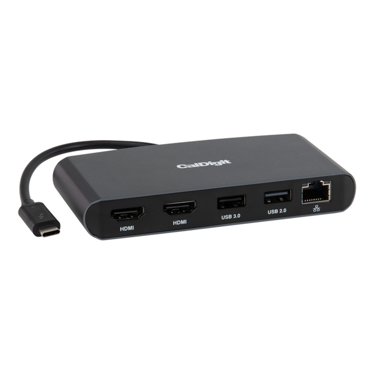 Docking station CalDigit nera. Porte HDMI, USB 3.0, USB 2.0 ed Ethernet visibili. Sfondo bianco.