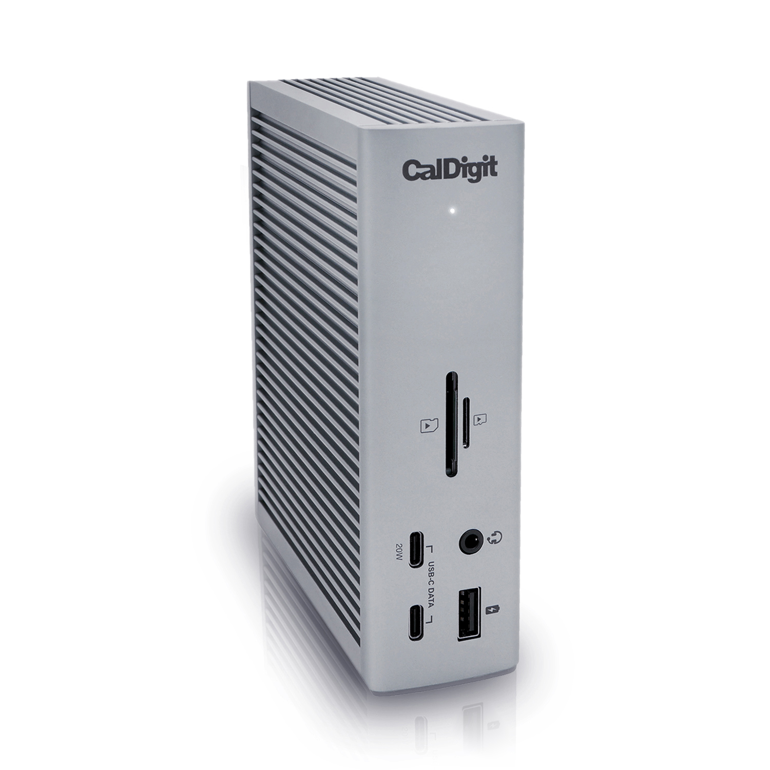 Una docking station CalDigit argentata con porte e slot, mostrata su una superficie bianca.