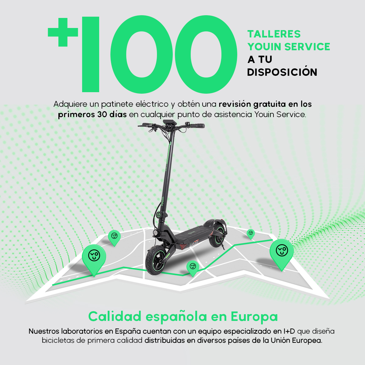 Patinete eléctrico con diseño verde. Texto: +100 Youin Service Talleres. Mapa con pines de ubicación.