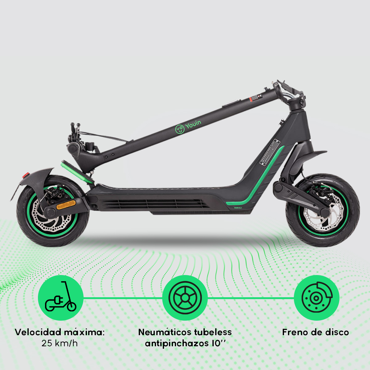 Scooter negro y verde con especificaciones: velocidad, llantas y freno de disco.