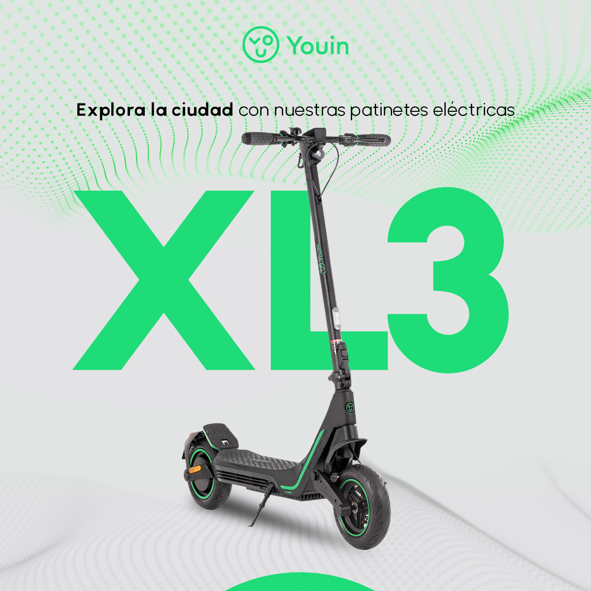 Patinete eléctrico XL3 verde frente a un fondo verde y blanco. Logotipo de Youin.