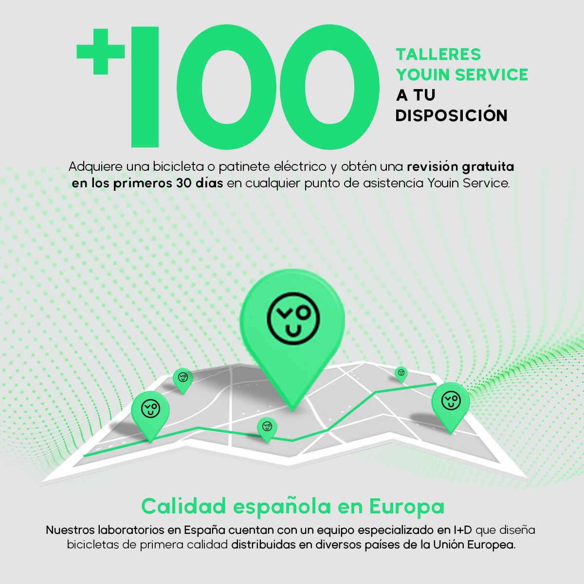 Chinches verdes con logo Youin, texto sobre talleres y fondo verde.