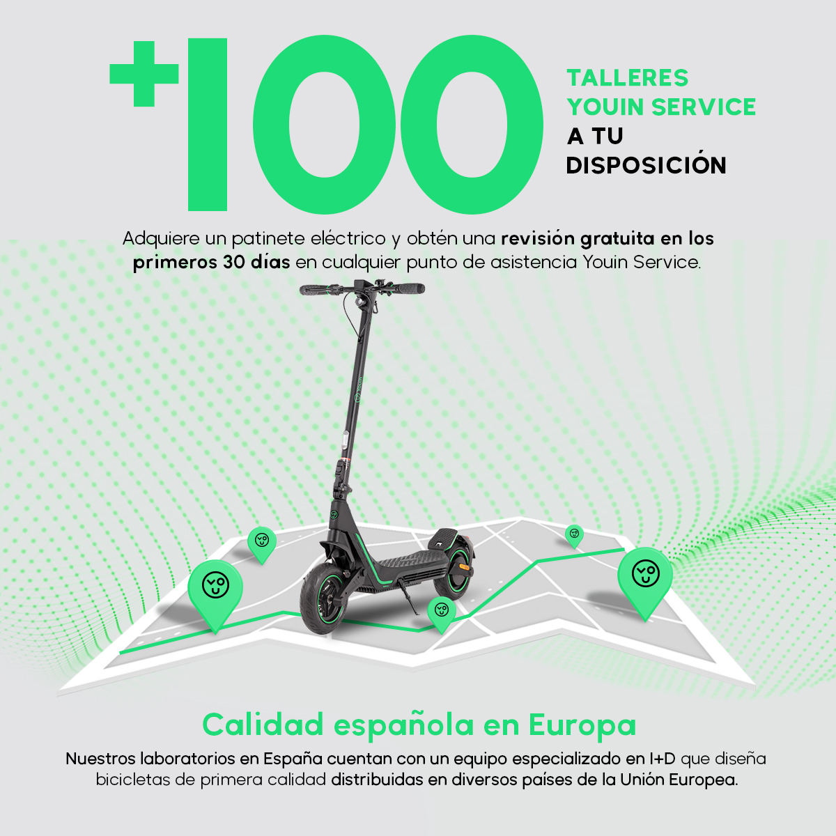 Un patinete eléctrico con diseño verde y negro, y texto en el fondo.