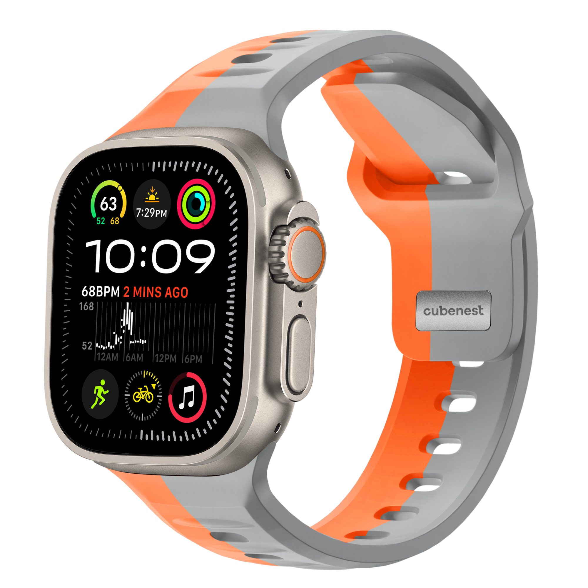 Smartwatch mit grauem und orangefarbenem Armband. Das Zifferblatt zeigt Informationen an.