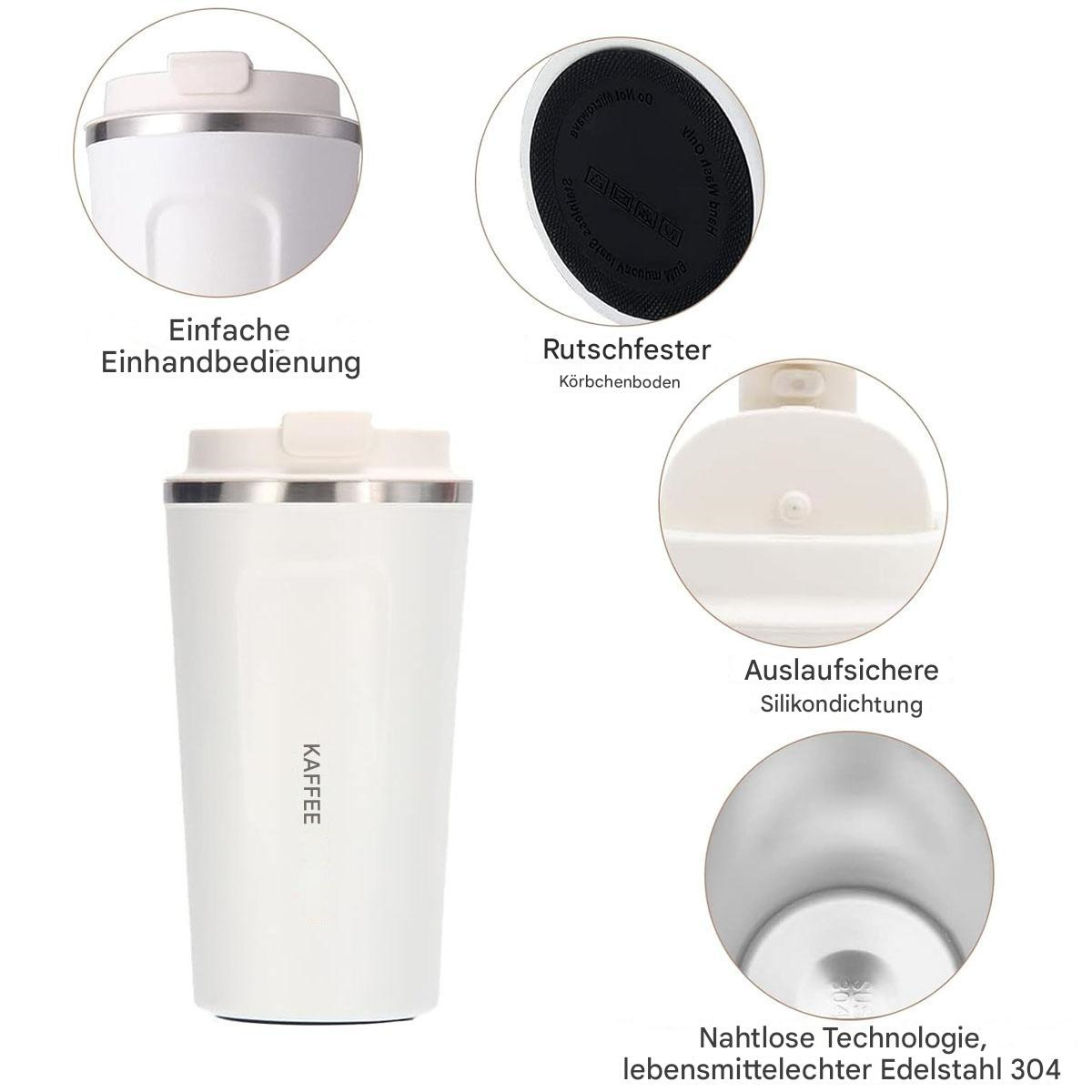 Ein weißer Kaffee-Reisebecher mit Deckel und Details von Deckel, Boden und Innenraum. Text auf Deutsch.