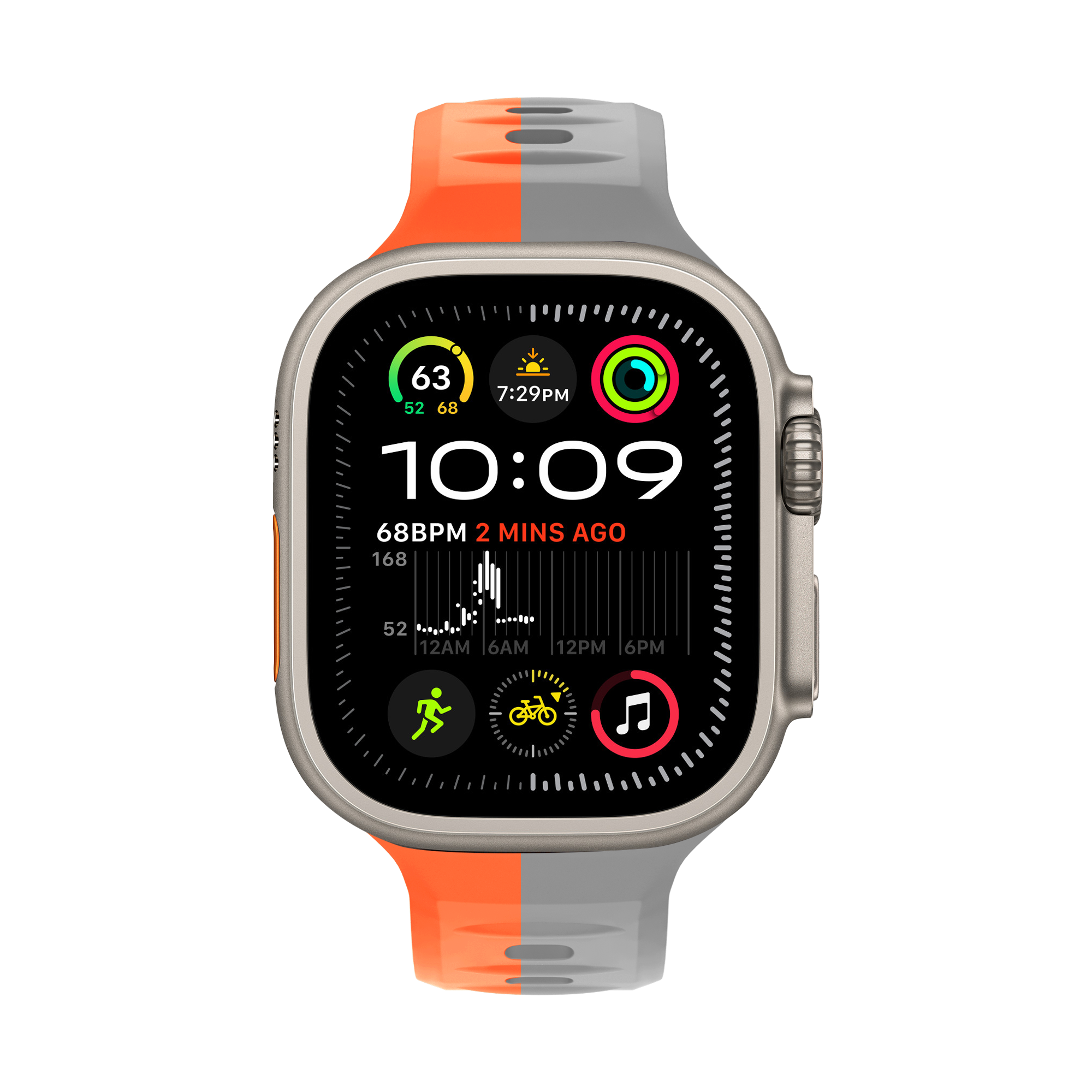 Smartwatch mit orange/grauem Armband, Anzeige von Zeit und Gesundheitsdaten auf weißem Grund.