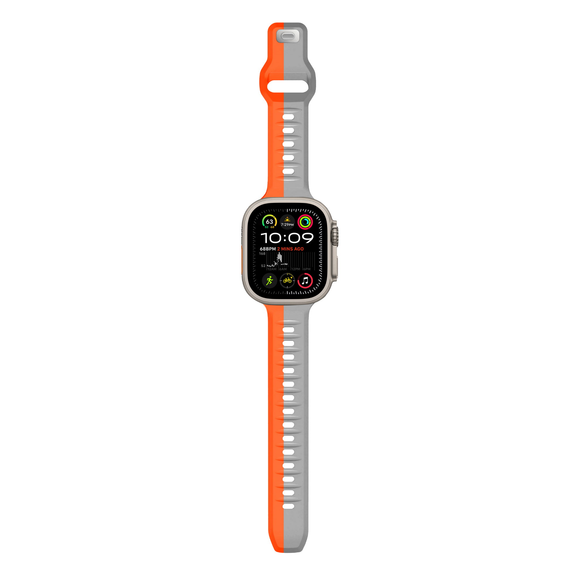 Smartwatch mit orangefarbenem und grauem Armband, zeigt Zeit und Fitnessdaten an.