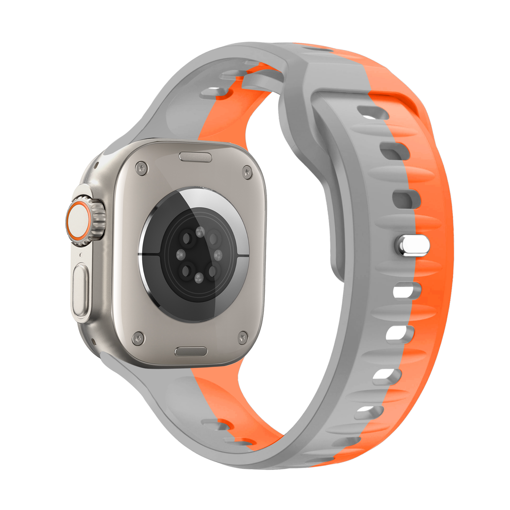 Eine Smartwatch mit einem grau-orangenen Armband, die die Rückseite der Uhr mit Sensoren zeigt.
