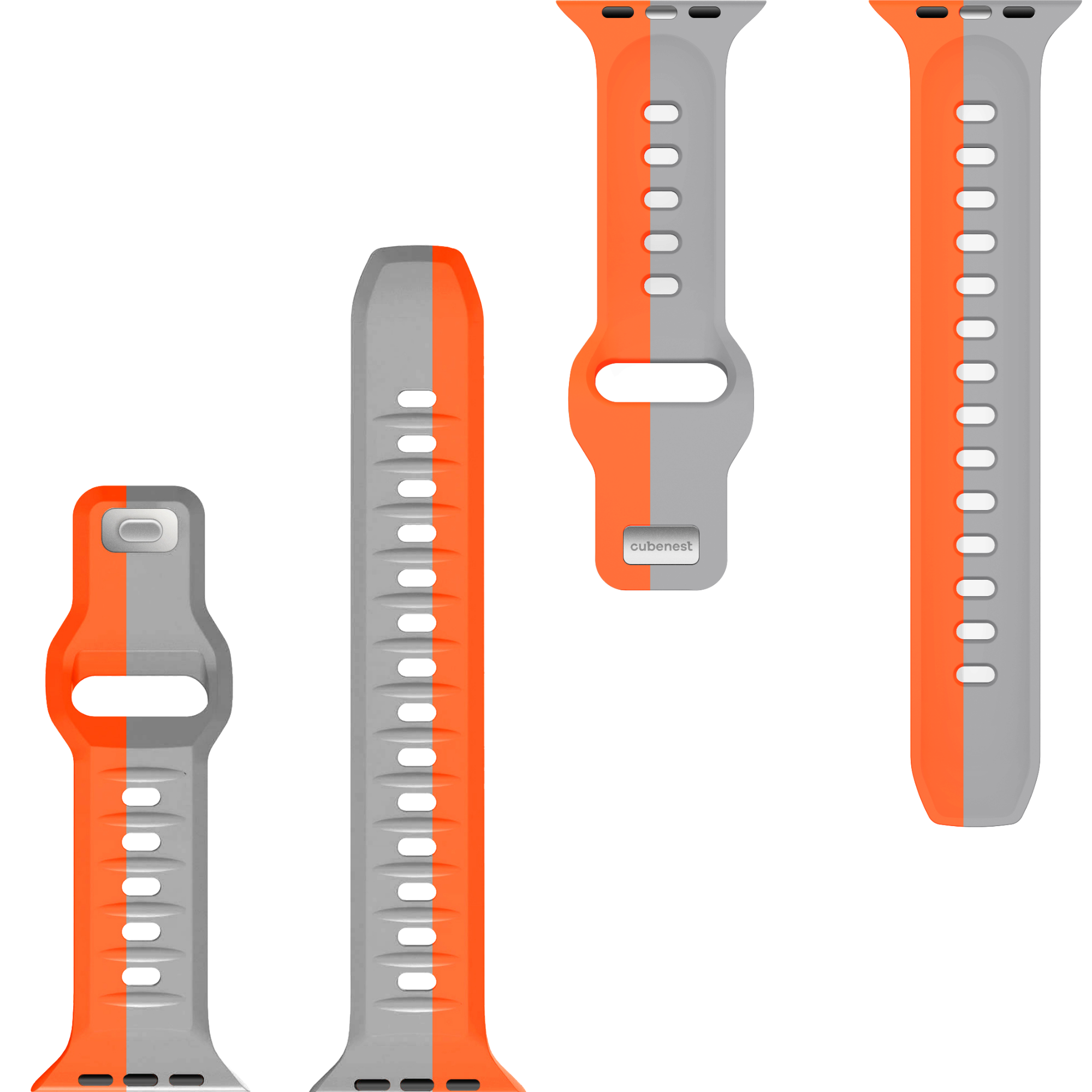 Vier Uhrenarmbänder: grau und orange, zweifarbig. Graues Band mit 'ubenest'-Text.