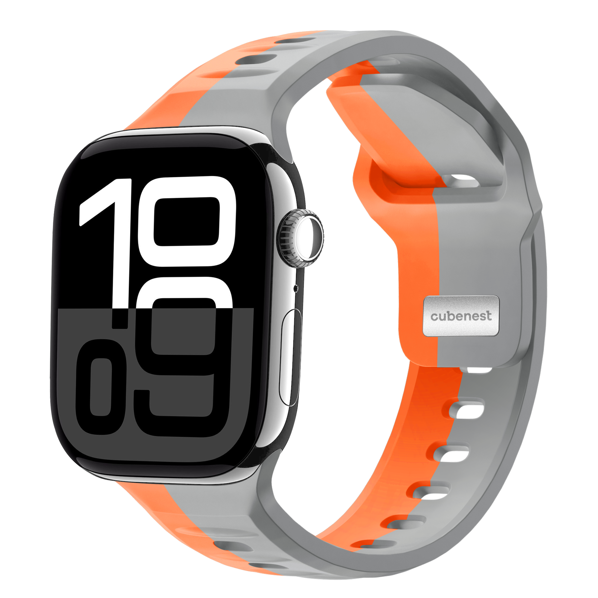 Smartwatch mit grauem Band, orangefarbenem Streifen und digitaler Uhrzeit 19:09.