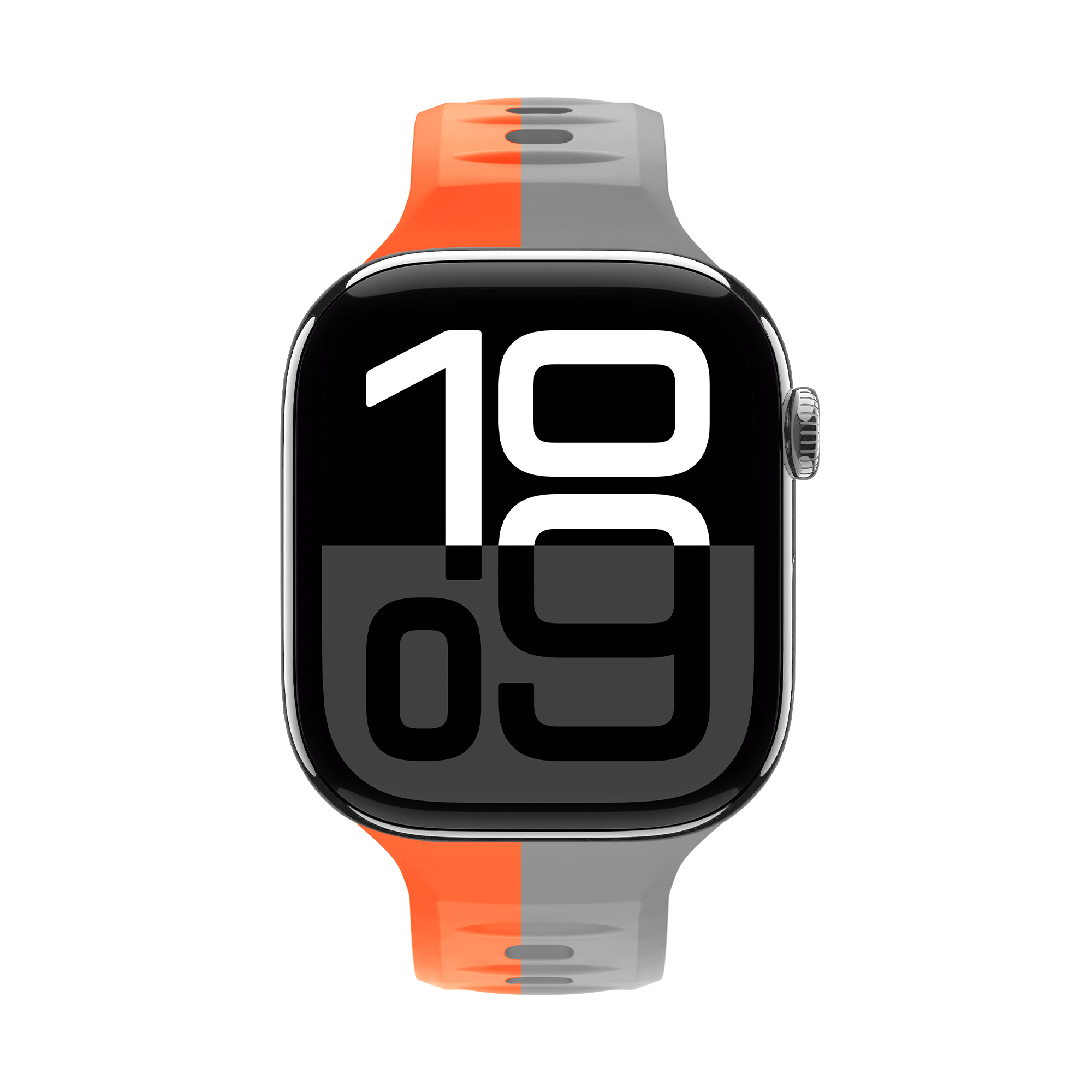 Eine Smartwatch mit schwarzem Bildschirm, der 10:09 anzeigt, mit orangefarbenem und grauem Armband.