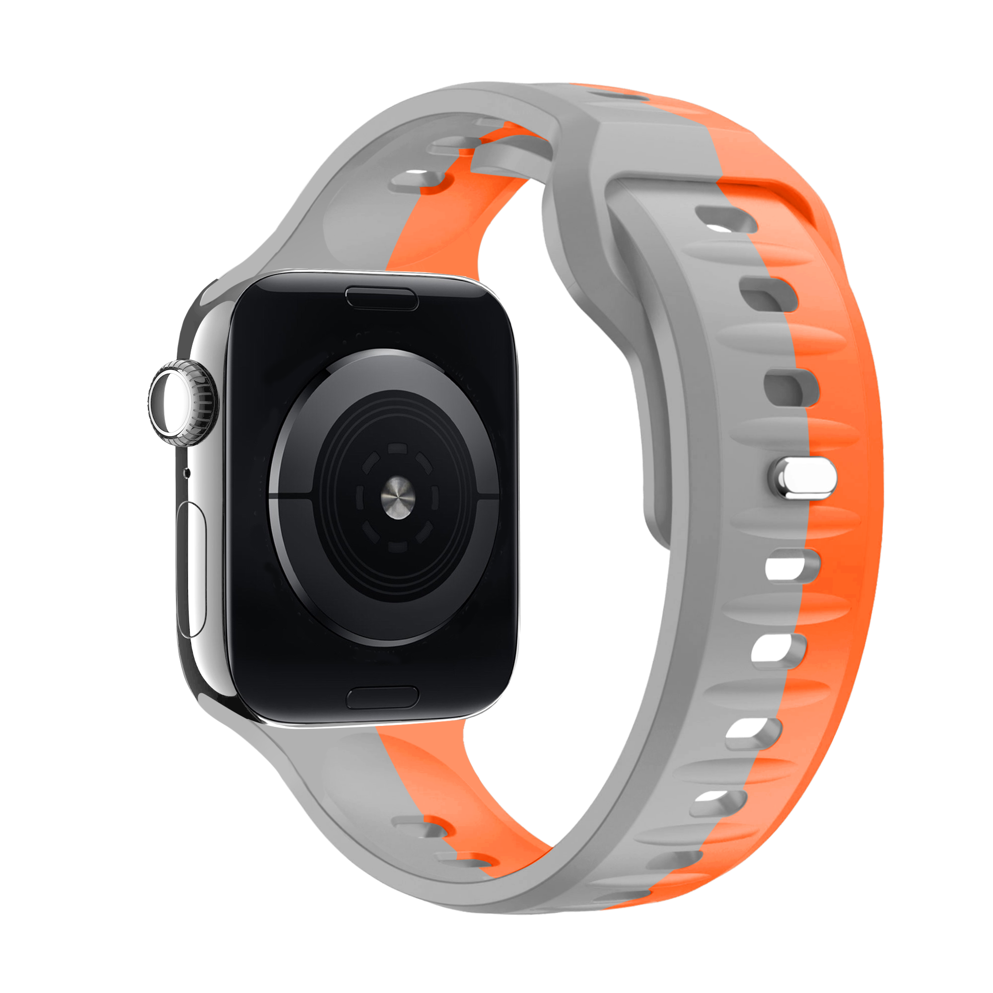 Eine silberne Apple Watch mit einem grau-orangenen Armband, schräge Ansicht, isoliert auf Weiß.