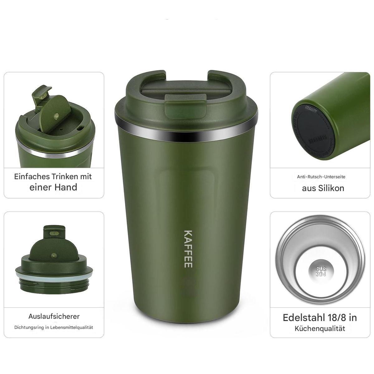Grüner Reisebecher mit Deckeldetails und Etiketten, die Funktionen und Materialien zeigen.