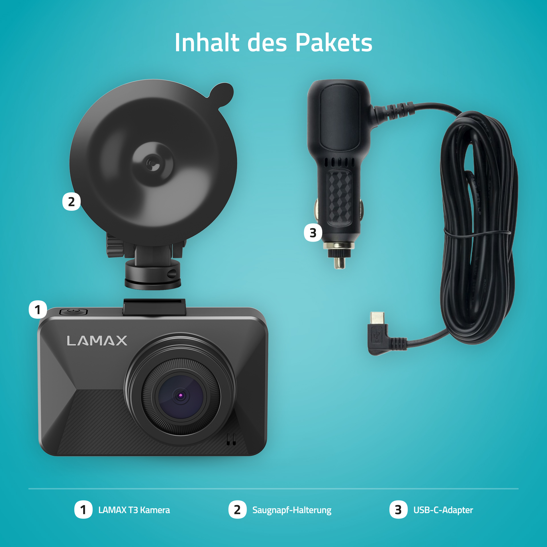Elementy zestawu kamery samochodowej. Pokazano kamerę, uchwyt z przyssawką i adapter USB-C.