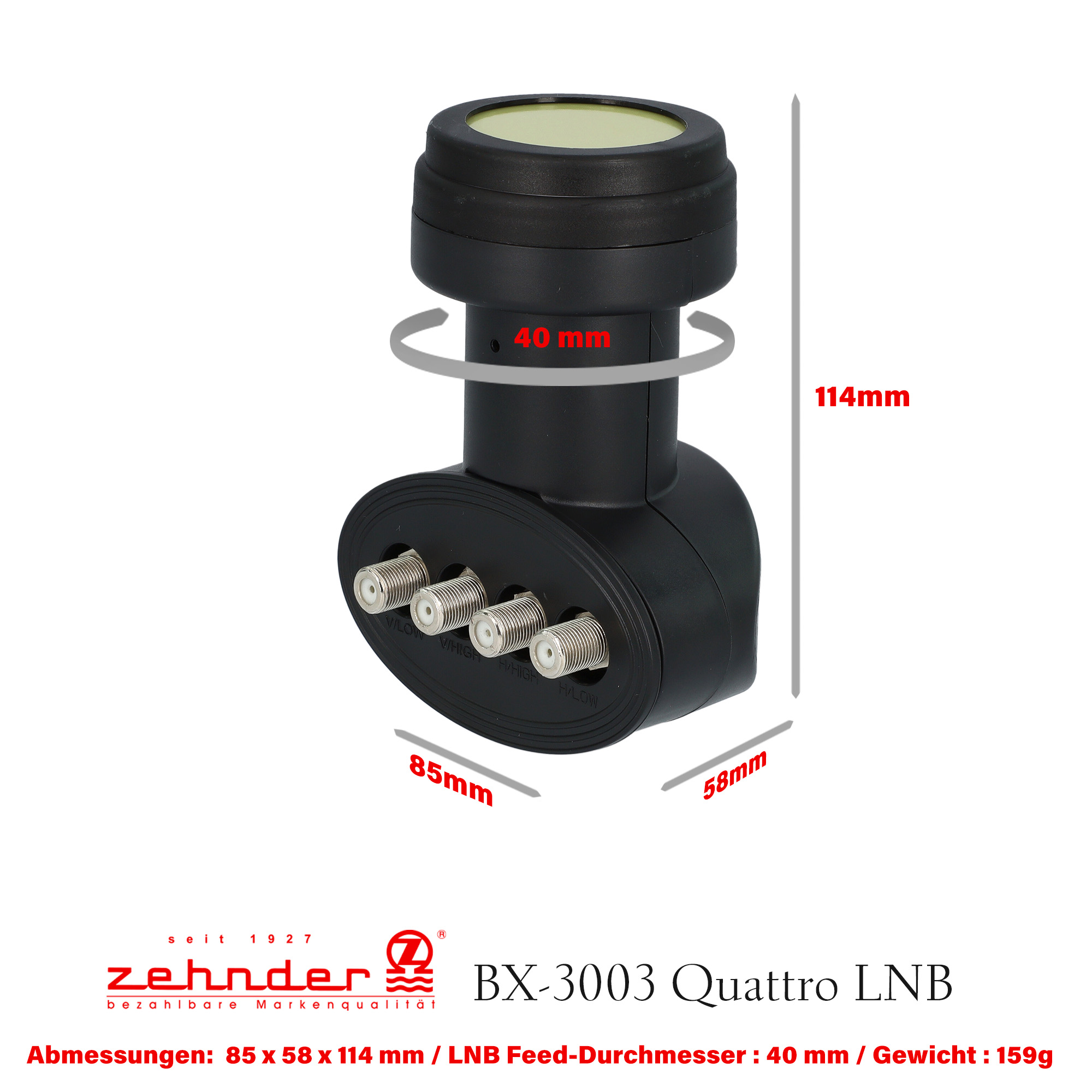 Schwarzes LNB mit Maßen. Text: 40 mm, 85 mm, 58 mm und 114 mm. Weißer Hintergrund.