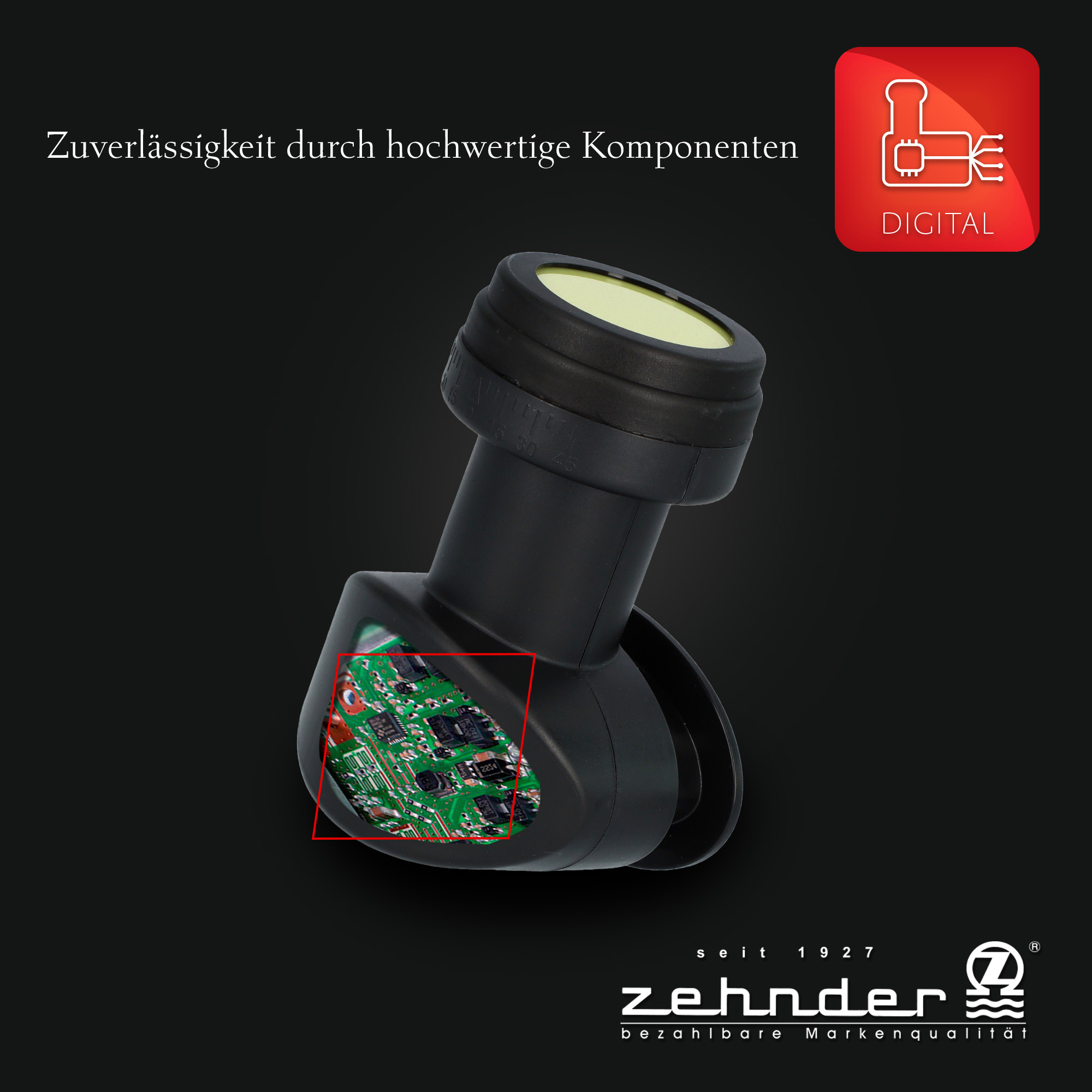 Schwarzer Empfänger mit offenem Innenraum, der eine Leiterplatte zeigt. Text: 'Zehnder' und 'Digital'.