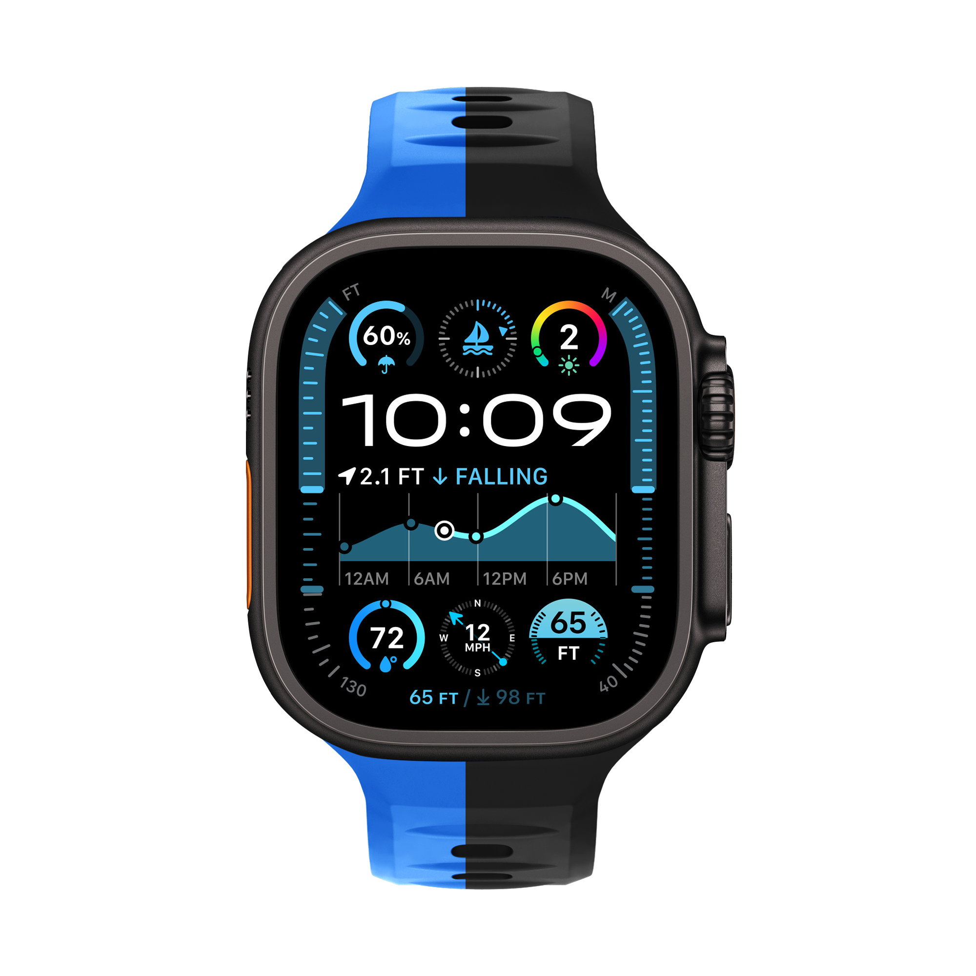 Smartwatch mit schwarzem und blauem Band, zeigt Daten auf dem Bildschirm. Weißer Hintergrund.