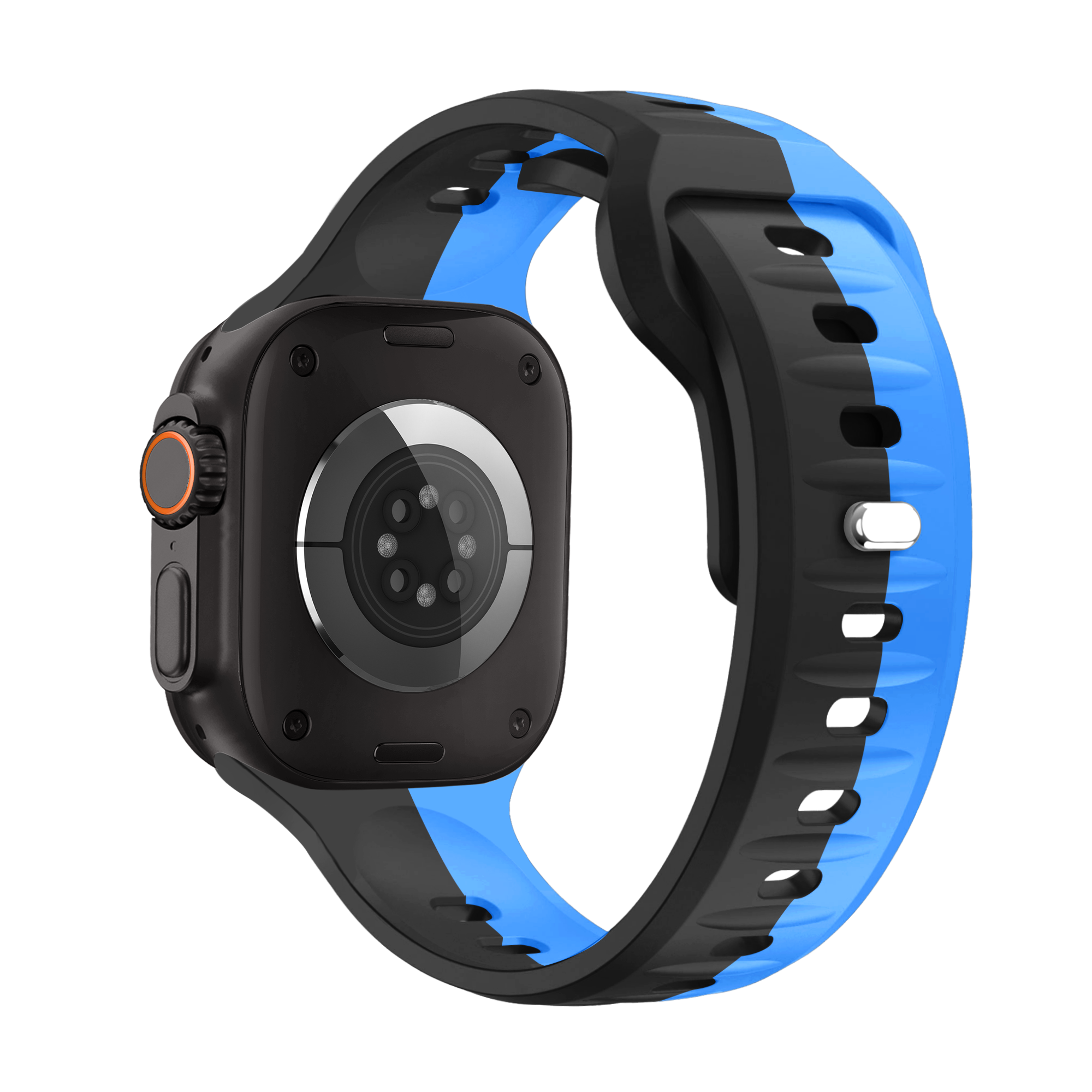Eine Smartwatch mit blau-schwarzem Armband, Rückansicht.